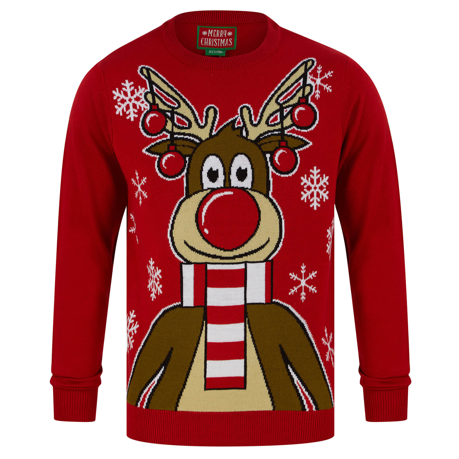 Mr Crimbo Mens LED Reindeer Christmas Jumper Light Up Baubles - MrCrimbo.co.uk -SRG1A17087_F - Red -Blue